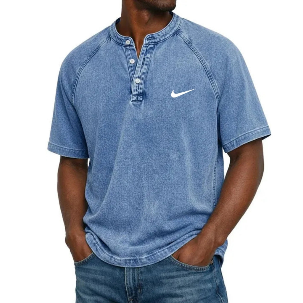T-Shirt Henley a Manica Corta con Texture Lavata