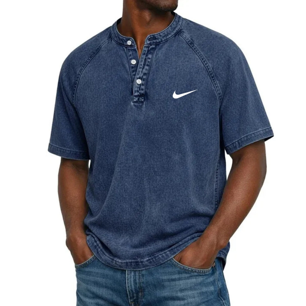T-Shirt Henley a Manica Corta con Texture Lavata
