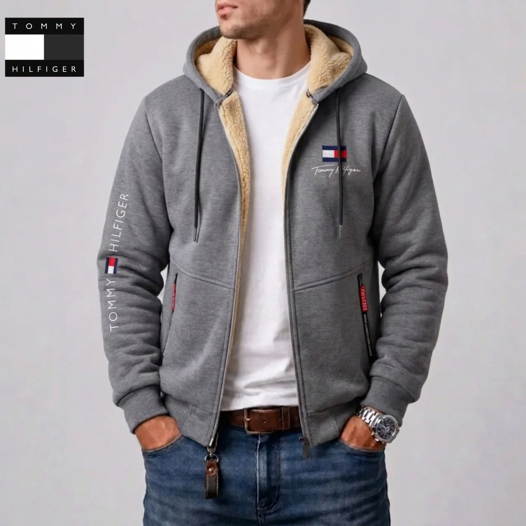 Giacca con Cappuccio a Zip Completa con Fodera a Contrasto per Uomo