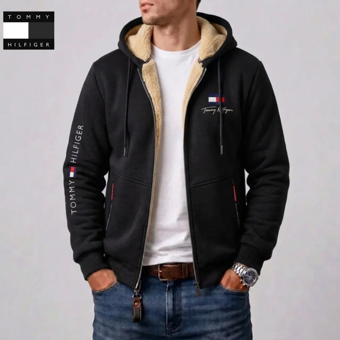 Giacca con Cappuccio a Zip Completa con Fodera a Contrasto per Uomo