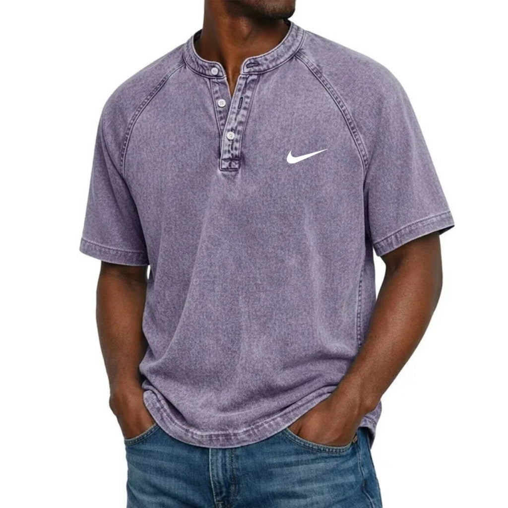 T-Shirt Henley a Manica Corta con Texture Lavata