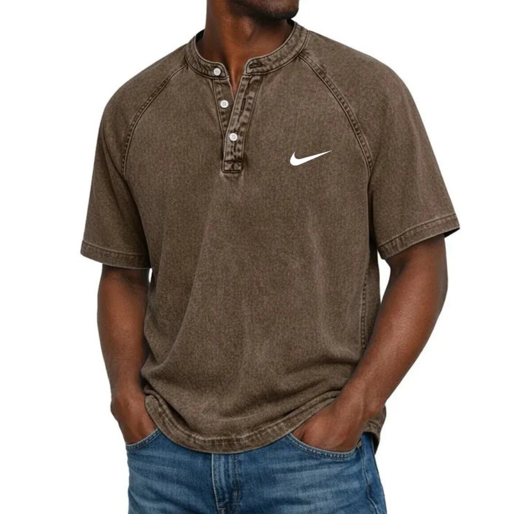 T-Shirt Henley a Manica Corta con Texture Lavata