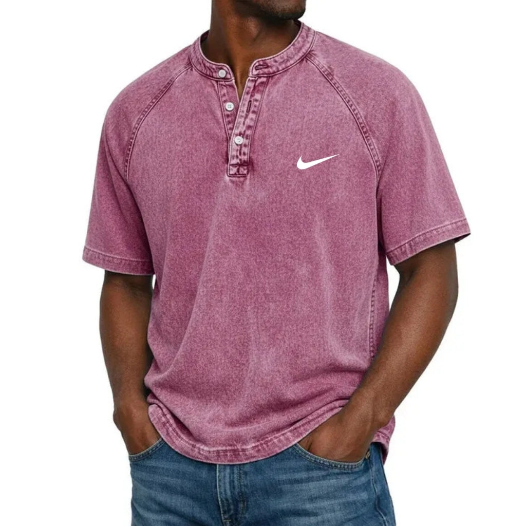 T-Shirt Henley a Manica Corta con Texture Lavata