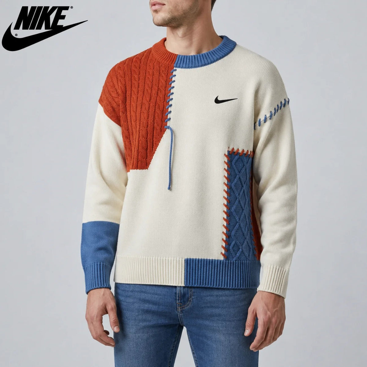 Maglione a Maglia Intrecciata Patchwork