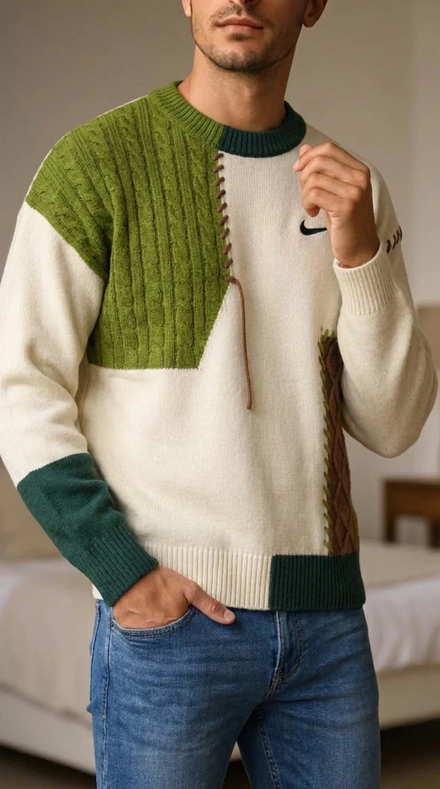 Maglione a Maglia Intrecciata Patchwork