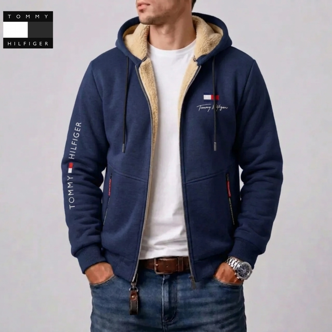 Giacca con Cappuccio a Zip Completa con Fodera a Contrasto per Uomo