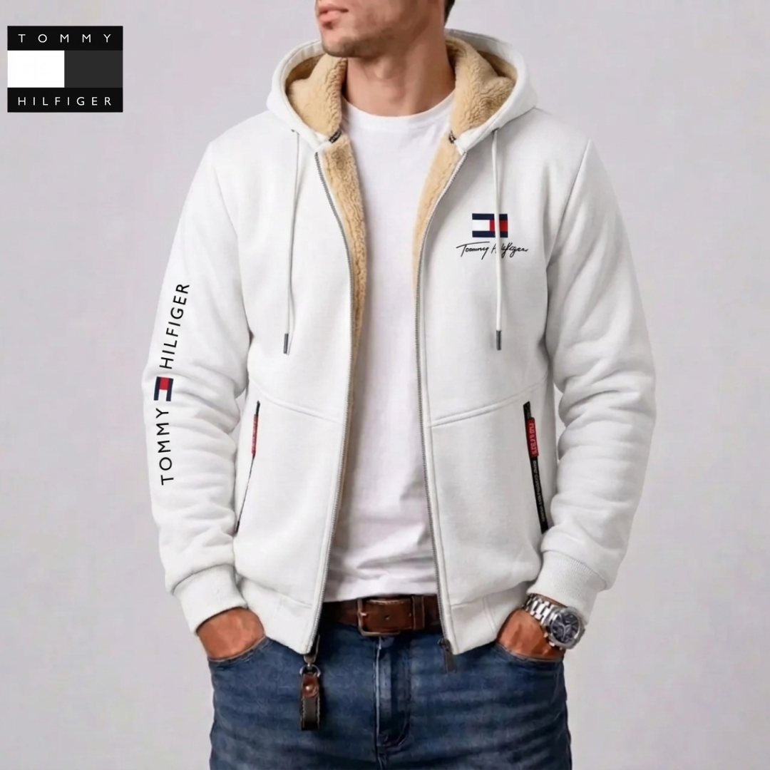 Giacca con Cappuccio a Zip Completa con Fodera a Contrasto per Uomo