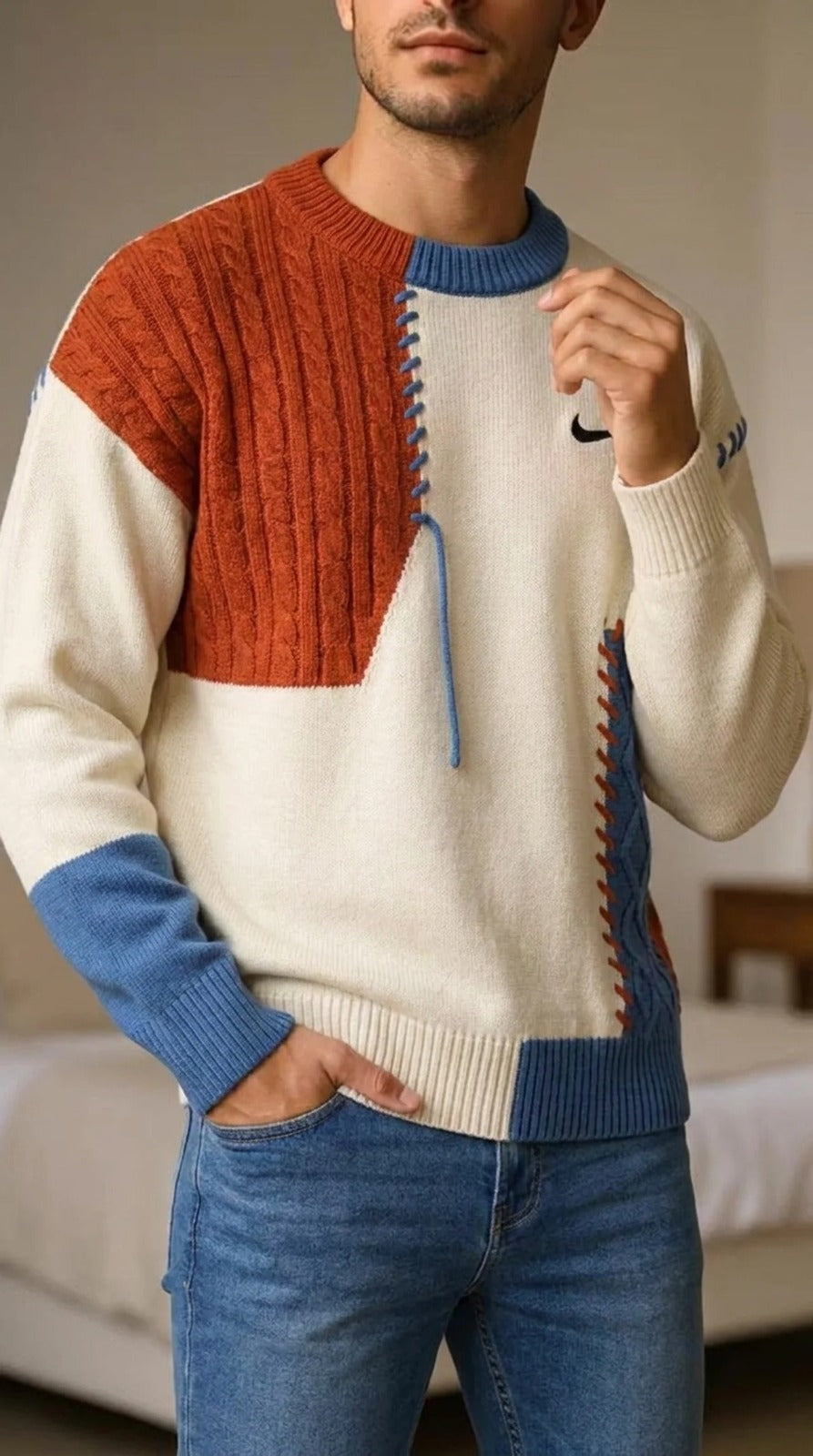 Maglione a Maglia Intrecciata Patchwork