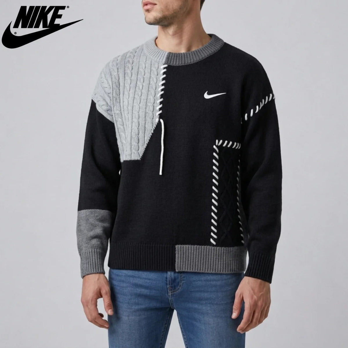 Maglione a Maglia Intrecciata Patchwork