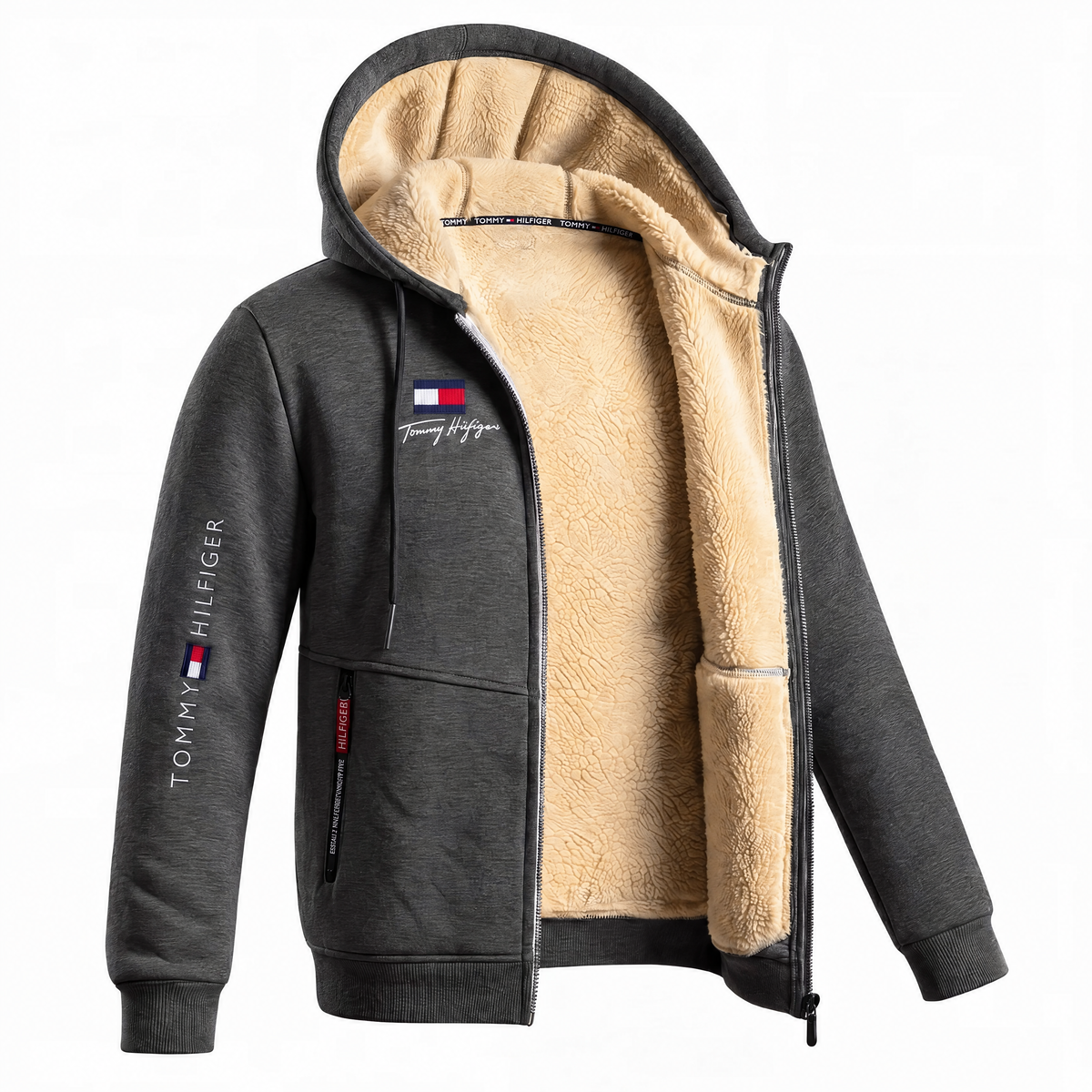 Giacca con Cappuccio a Zip Completa con Fodera a Contrasto per Uomo